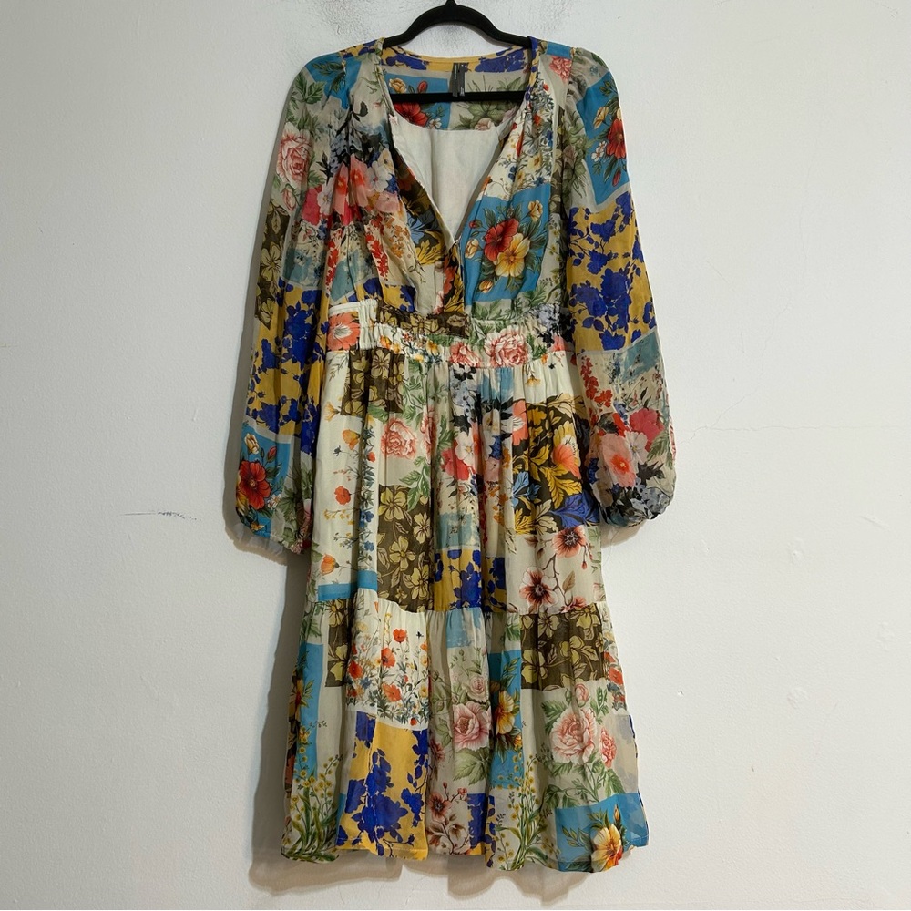 Anthropologie The Somerset Chiffon Long Sleeve Patchwork Floral Dress Medium